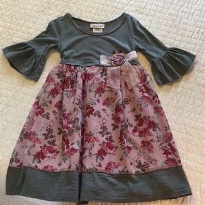 Grey Striped and Floral Girls Dress